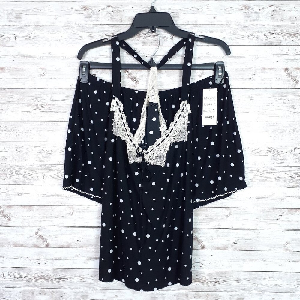 Dentelle Womens Cami Short Pajama Set XL Black Ivory Dot Lace 217